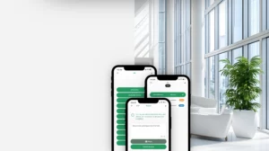 An image of the ARMS property management software displayed on a mobile screen, featuring the PDI (Pre-Delivery Inspection) application, set against the backdrop of a beautiful, modern multi-residential condominium.