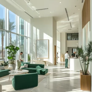 People repairing and maintaining features in a condo lobby.