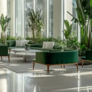 Stylish chairs and couch in a modern condo lobby