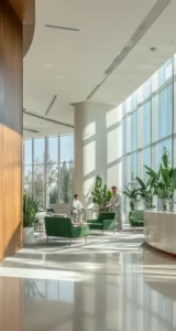 Condo staff assisting residents in a modern lobby, showcasing professional property management services.