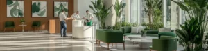 Front desk staff actively fixing and cleaning, demonstrating efficient property management and maintenance.
